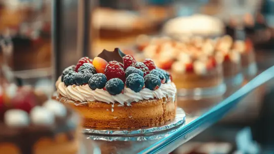 Balcão de confeitaria com bolos e tortas em padaria